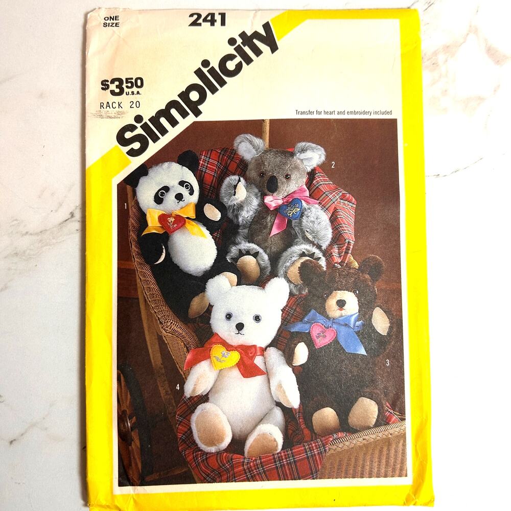 Vintage Simplicity 241 Teddy Bear Pattern Panda Koala Polar Bear (Cut)